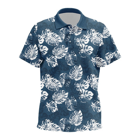 Kid golf polos shirts custom blue tropical monstera leaves pattern team golf tops for Kid NQS7298