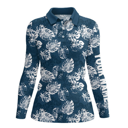 Womens golf polo shirts custom blue tropical monstera leaves pattern team ladies golf tops NQS7298