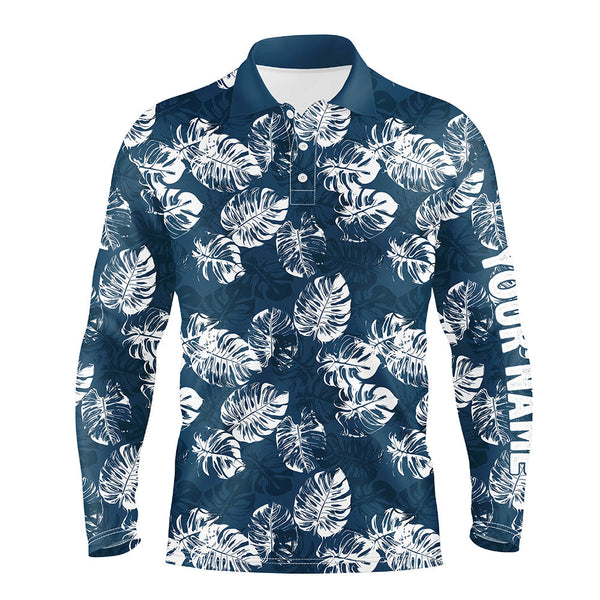 Mens golf polo shirt custom blue tropical monstera leaves pattern team golf tops for men, golfing gift NQS7298