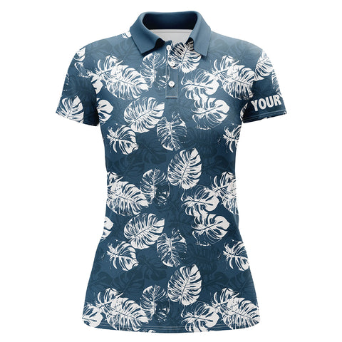 Womens golf polo shirts custom blue tropical monstera leaves pattern team ladies golf tops NQS7298