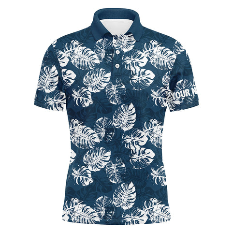 Mens golf polo shirt custom blue tropical monstera leaves pattern team golf tops for men, golfing gift NQS7298