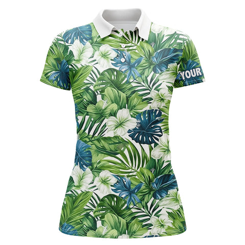 Womens golf polo shirts custom green tropical flower leaves pattern team golf tops for ladies NQS7299