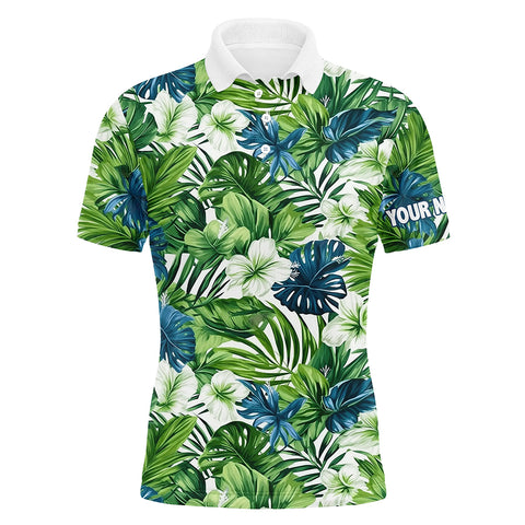 Mens golf polo shirt custom green tropical flower leaves pattern team golf tops for men, golfing gift NQS7299