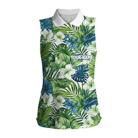 Women sleeveless golf polo shirts custom green tropical flower leaves pattern team golf top for ladies NQS7299