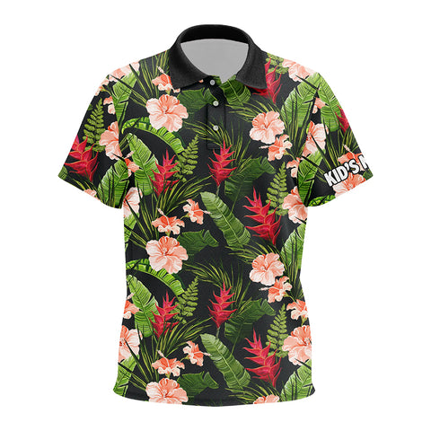 Kid golf polos shirts custom tropical hibiscus flower pattern golf wear for Kid, golfing gifts NQS7301