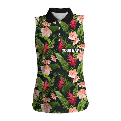 Women sleeveless golf polo shirt custom tropical hibiscus pattern golf wear for ladies NQS7301