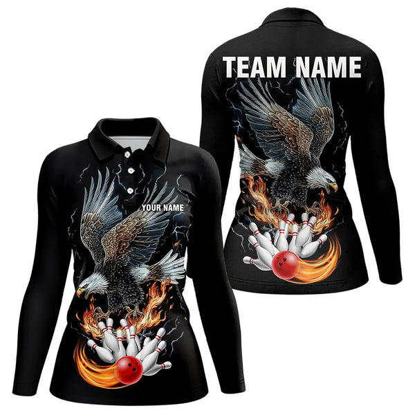 Black Women Bowling Polo, 1/4 Zip Shirt Custom Flame Eagle Lightning bowling outfit gifts for bowlers NQS9707