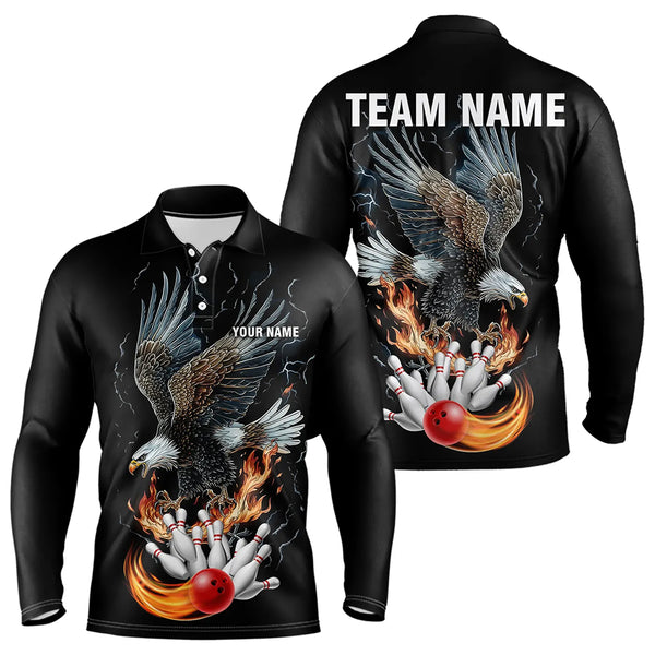 Black Mens Bowling Polo, 1/4 Zip Shirt Custom Flame Eagle Lightning bowling outfit gifts for bowlers NQS9707
