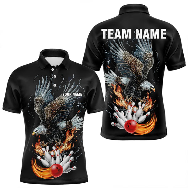 Black Mens Bowling Polo, 1/4 Zip Shirt Custom Flame Eagle Lightning bowling outfit gifts for bowlers NQS9707