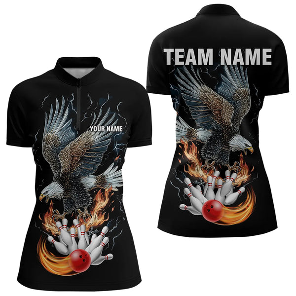 Black Women Bowling Polo, 1/4 Zip Shirt Custom Flame Eagle Lightning bowling outfit gifts for bowlers NQS9707