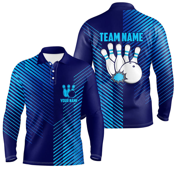 Blue stripes pattern bowling ball pins custom Men's bowling Polo, Quarter Zip shirts team jerseys NQS7843