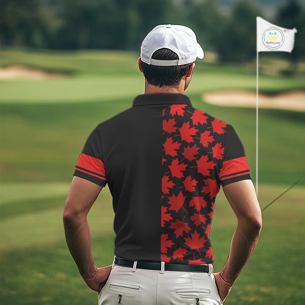 Black and Red maple leaf pattern Men golf polo shirts Custom Canadian Flag patriotic mens golf top NQS10139