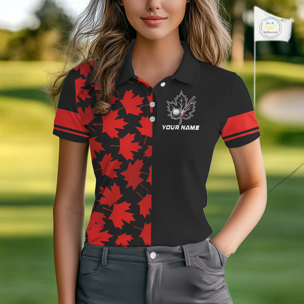 Black and Red maple leaf pattern Women golf polo shirt Custom Canadian Flag patriotic ladies golf top NQS10139