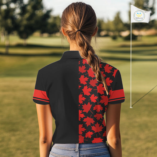 Black and Red maple leaf pattern Women golf polo shirt Custom Canadian Flag patriotic ladies golf top NQS10139
