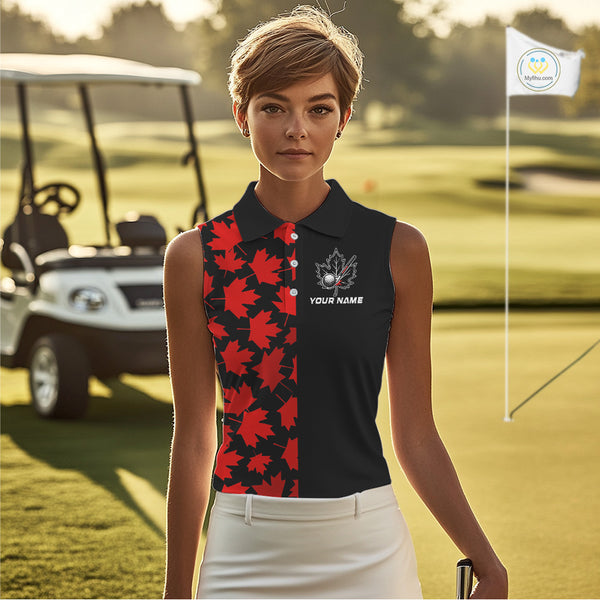 Black and Red maple leaf pattern Women sleeveless polo shirt Custom Canadian Flag patriotic golf top NQS10139