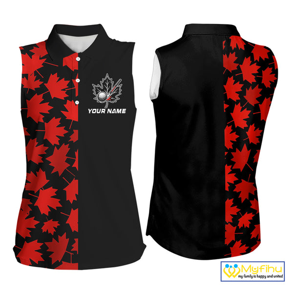 Black and Red maple leaf pattern Women sleeveless polo shirt Custom Canadian Flag patriotic golf top NQS10139