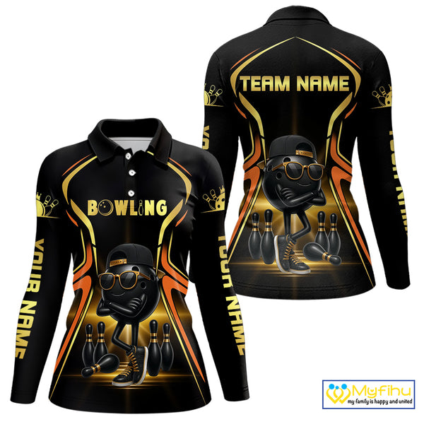 Black and Gold Funny bowling ball and pins Bowling shirts for Women Custom cool bowling team jerseys NQS10273