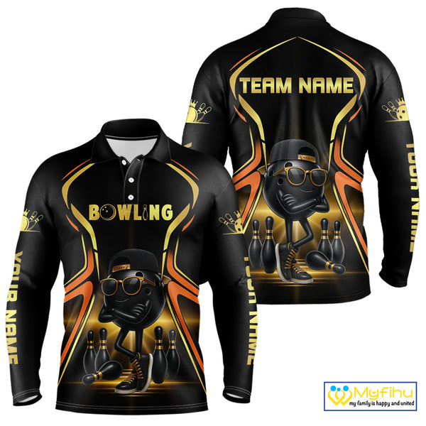 Black and Gold Funny bowling ball and pins Bowling shirts for Men Custom cool bowling team jerseys NQS10273