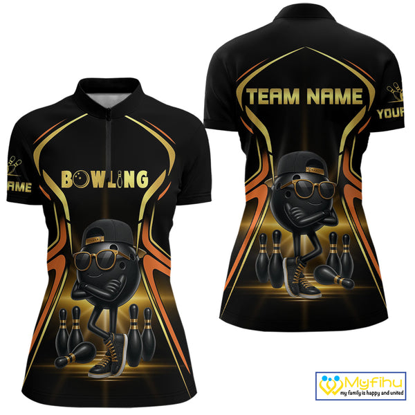 Black and Gold Funny bowling ball and pins Bowling shirts for Women Custom cool bowling team jerseys NQS10273