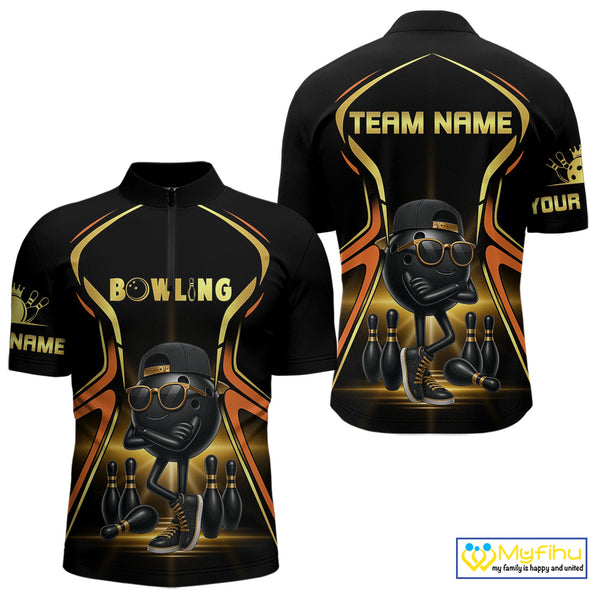 Black and Gold Funny bowling ball and pins Bowling shirts for Men Custom cool bowling team jerseys NQS10273