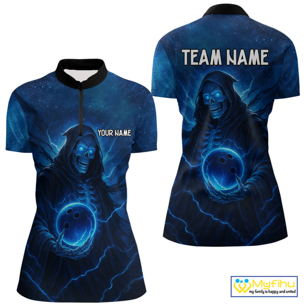 Blue Thunder Lightning Skull Reaper Bowling Shirts For Women Custom Team Bowling Jerseys For Bowlers NQS10679