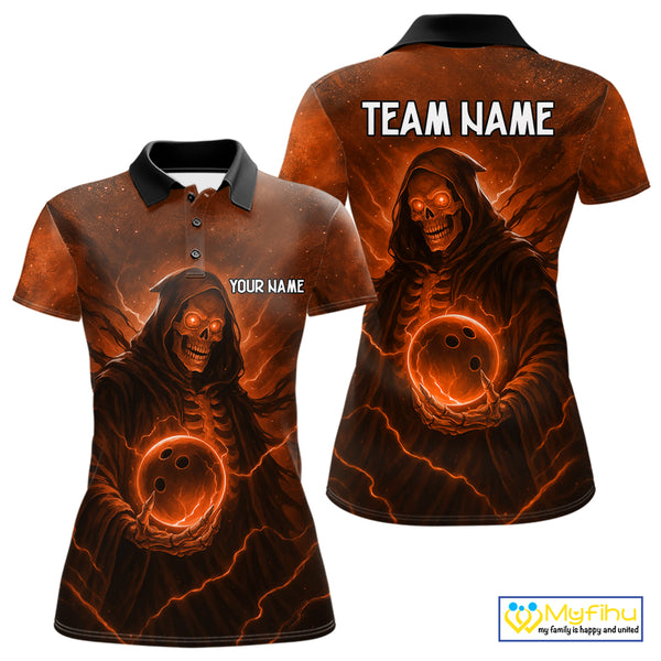 Orange Thunder Lightning Skull Reaper Bowling Shirts For Women Custom Halloween Team Bowling Jerseys NQS10680