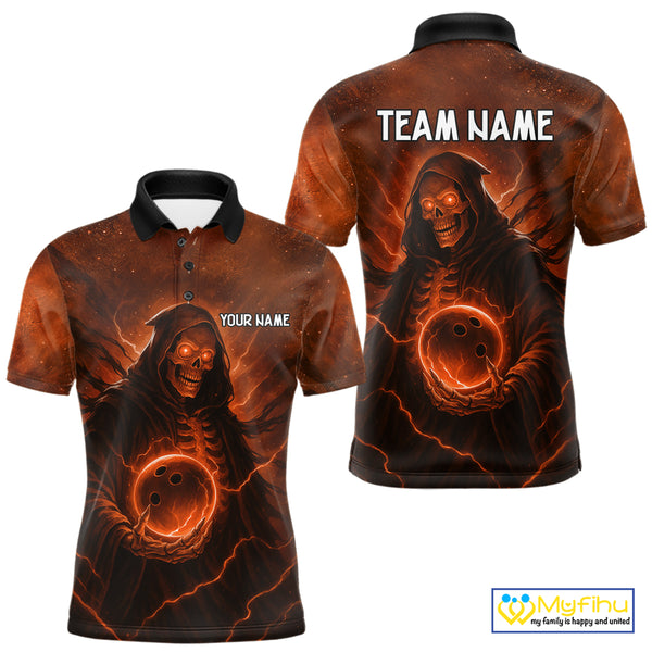 Orange Thunder Lightning Skull Reaper Bowling Shirts For Men Custom Halloween Team Bowling Jerseys NQS10680