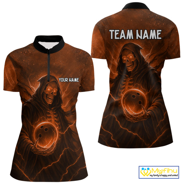 Orange Thunder Lightning Skull Reaper Bowling Shirts For Women Custom Halloween Team Bowling Jerseys NQS10680