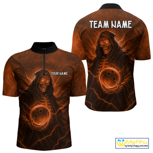 Orange Thunder Lightning Skull Reaper Bowling Shirts For Men Custom Halloween Team Bowling Jerseys NQS10680