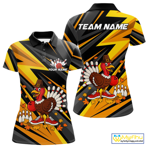 Custom Funny Turkey Bowling Shirts For Women, Black and Yellow Camo Thanksgiving Bowling Shirt Team NQS10683