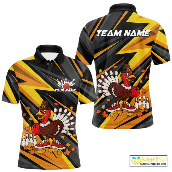 Custom Funny Turkey Bowling Shirts For Men, Black and Yellow Camo Thanksgiving Bowling Shirt Team NQS10683