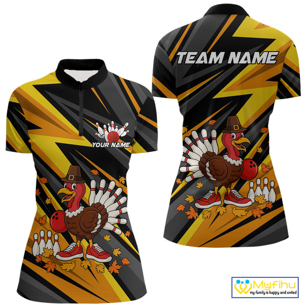Custom Funny Turkey Bowling Shirts For Women, Black and Yellow Camo Thanksgiving Bowling Shirt Team NQS10683