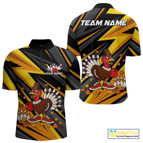 Custom Funny Turkey Bowling Shirts For Men, Black and Yellow Camo Thanksgiving Bowling Shirt Team NQS10683