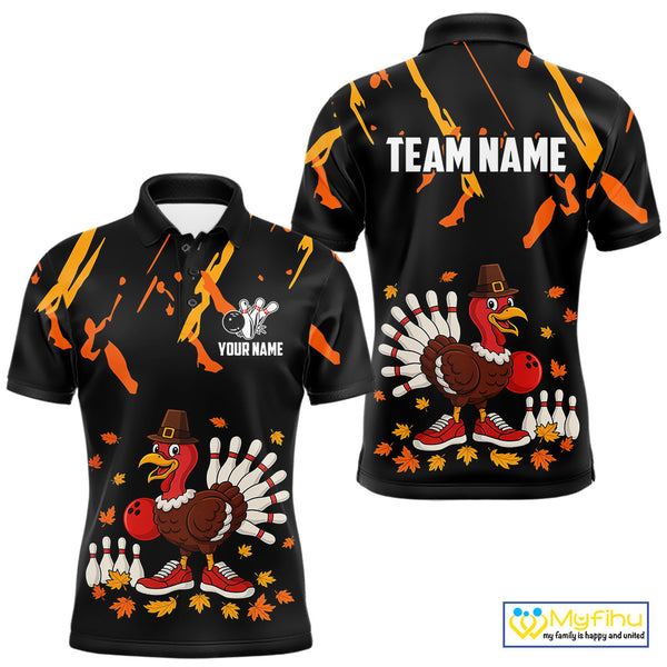 Custom Turkey Bowling Shirts For Men, Black and Orange Thanksgiving Autumn Team Bowling Jersey NQS10684