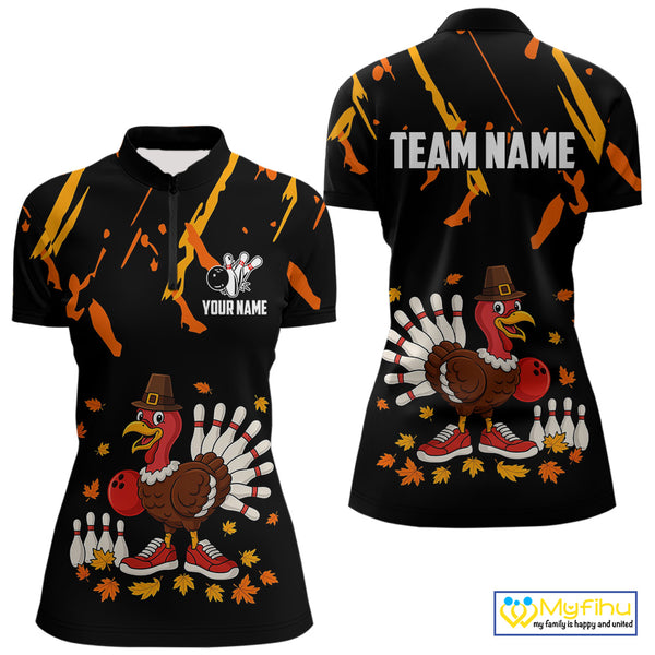 Custom Turkey Bowling Shirts For Women, Black and Orange Thanksgiving Autumn Team Bowling Jersey NQS10684