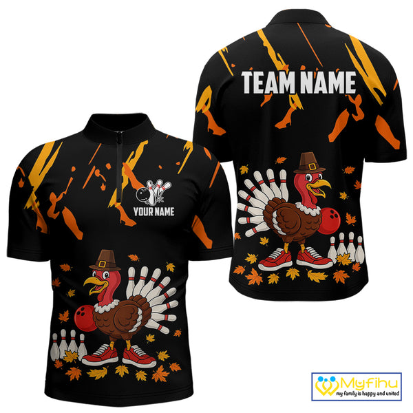 Custom Turkey Bowling Shirts For Men, Black and Orange Thanksgiving Autumn Team Bowling Jersey NQS10684