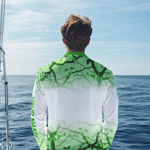 Personalized name White and Green Camo performance long sleeve team fishing tournament shirts NQS9554