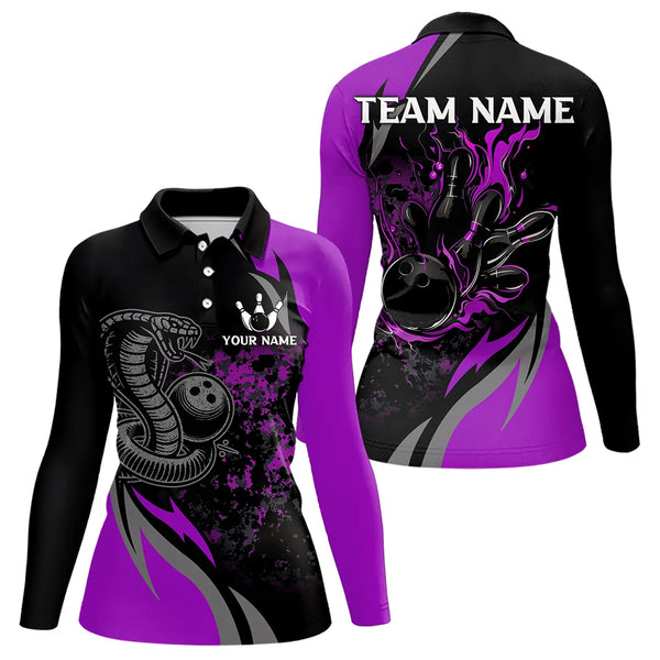 Black and Purple Flame Cobra Snake Bowling Shirts For Women Custom Name Bowling Team League Shirt NQS9714