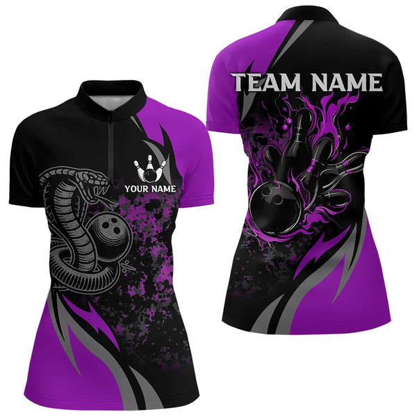 Black and Purple Flame Cobra Snake Bowling Shirts For Women Custom Name Bowling Team League Shirt NQS9714