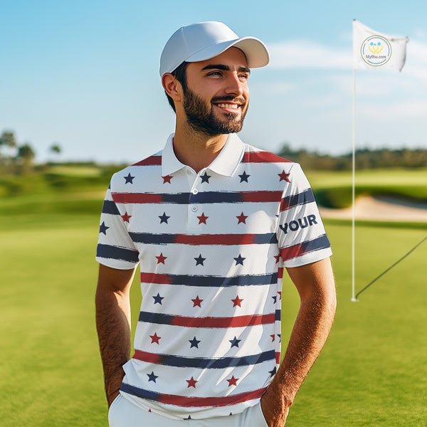 Red, White and Blue stars pattern Men golf polo shirts Custom patriotic golf attire for mens NQS9980