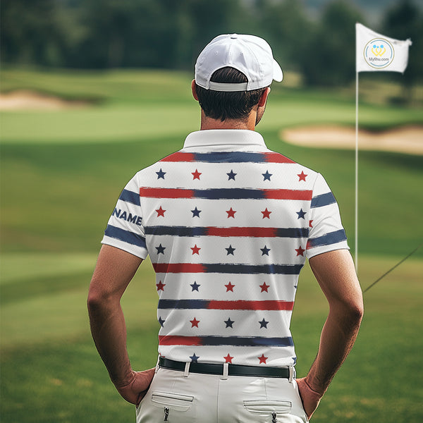 Red, White and Blue stars pattern Men golf polo shirts Custom patriotic golf attire for mens NQS9980