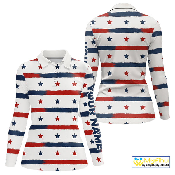 Red, White and Blue stars pattern Women golf polo shirts Custom patriotic ladies golf attire NQS9980
