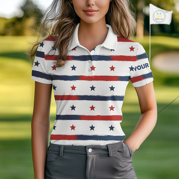 Red, White and Blue stars pattern Women golf polo shirts Custom patriotic ladies golf attire NQS9980