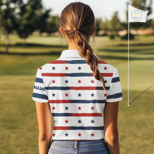 Red, White and Blue stars pattern Women golf polo shirts Custom patriotic ladies golf attire NQS9980