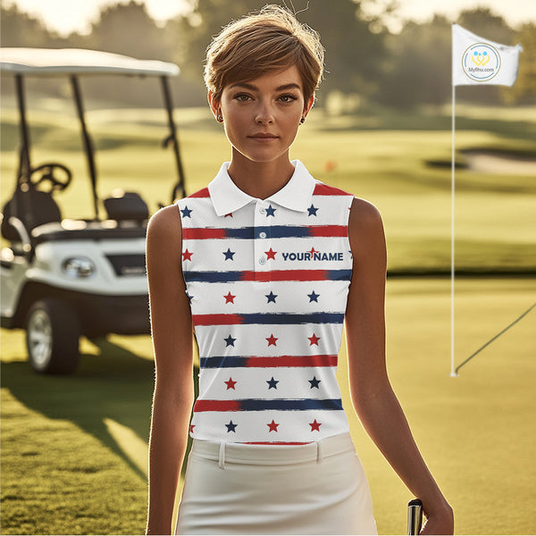 Red, White and Blue stars pattern Women sleeveless golf polo shirt Custom patriotic ladies golf attire NQS9980