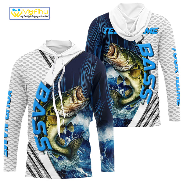 Blue and White Camo Largemouth Bass fishing Custom name sun protection Bass fishing team jerseys NQS9981