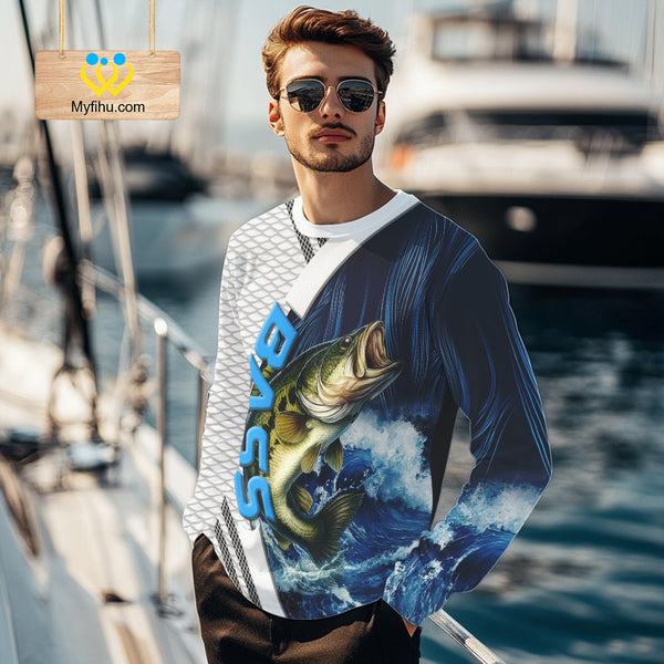 Blue and White Camo Largemouth Bass fishing Custom name sun protection Bass fishing team jerseys NQS9981