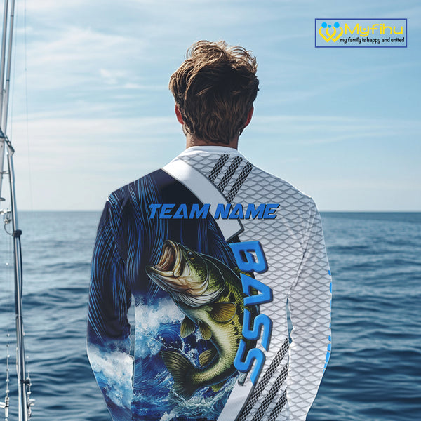 Blue and White Camo Largemouth Bass fishing Custom name sun protection Bass fishing team jerseys NQS9981