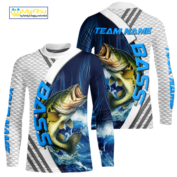 Blue and White Camo Largemouth Bass fishing Custom name sun protection Bass fishing team jerseys NQS9981