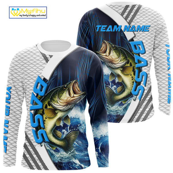Blue and White Camo Largemouth Bass fishing Custom name sun protection Bass fishing team jerseys NQS9981